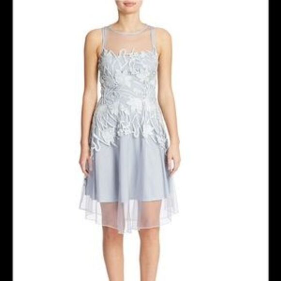 Eva Franco Mesh Overlay Floral Sleeveless Dress Pale Blue - Picture 1 of 4